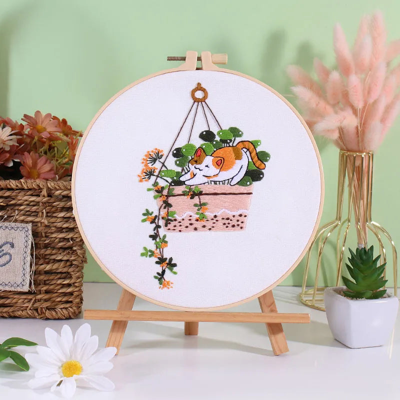 Cat and Plants Embroidery Kits for Beginners