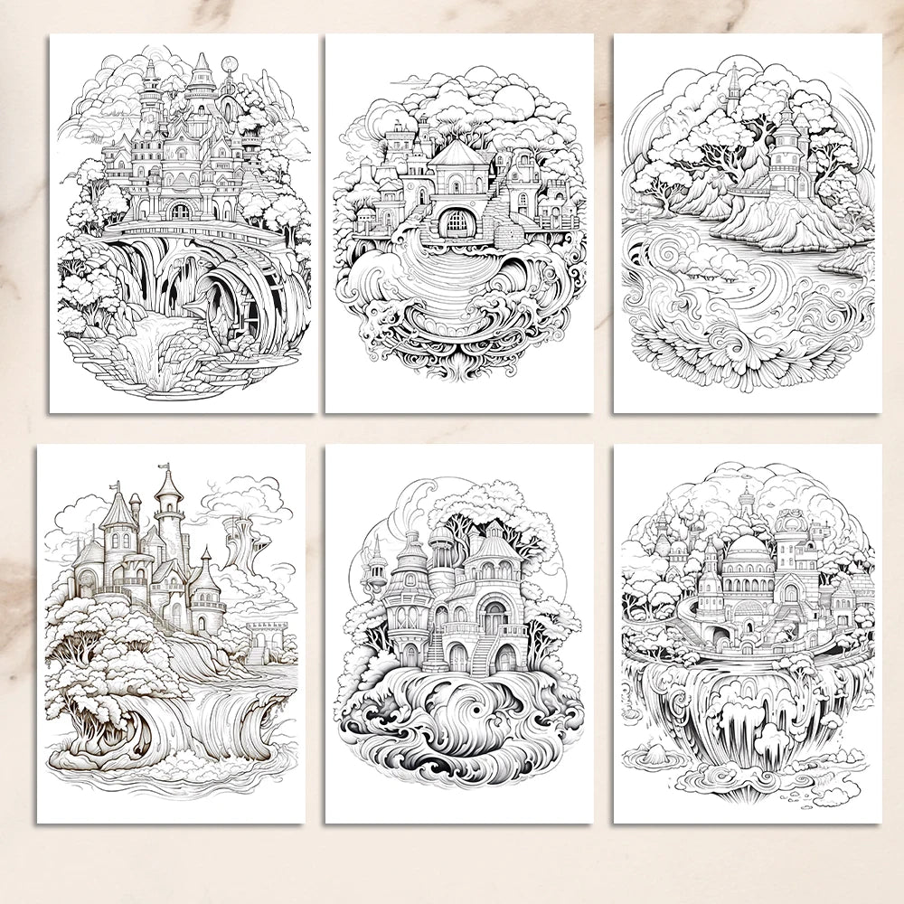 A4 Coloring Book for Teens and Adults Fantasy Islands 25 Different Designs, 100gsm Thick Anti-Stress Paper