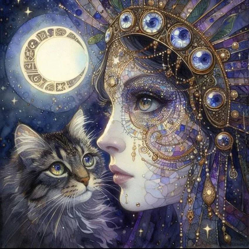 Peintures à Diamants Femme bleue Chat