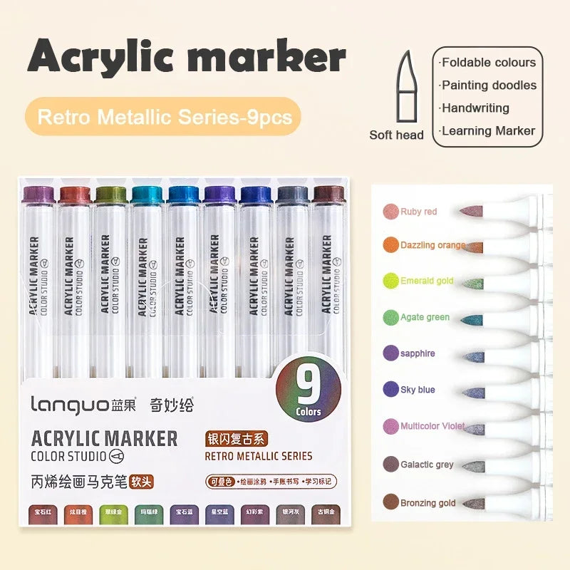 Boites de 9 Marqueurs à l'acrylique Languo Différentes nuances disponibles