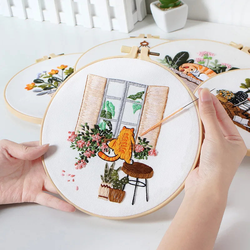 Cat and Plants Embroidery Kits for Beginners