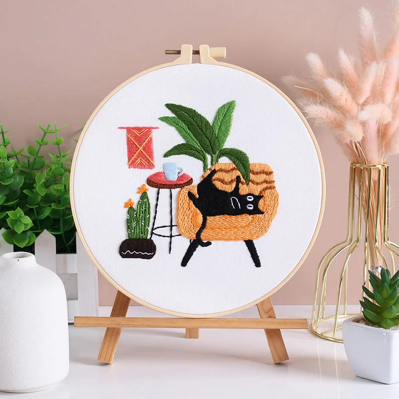 Cat and Plants Embroidery Kits for Beginners