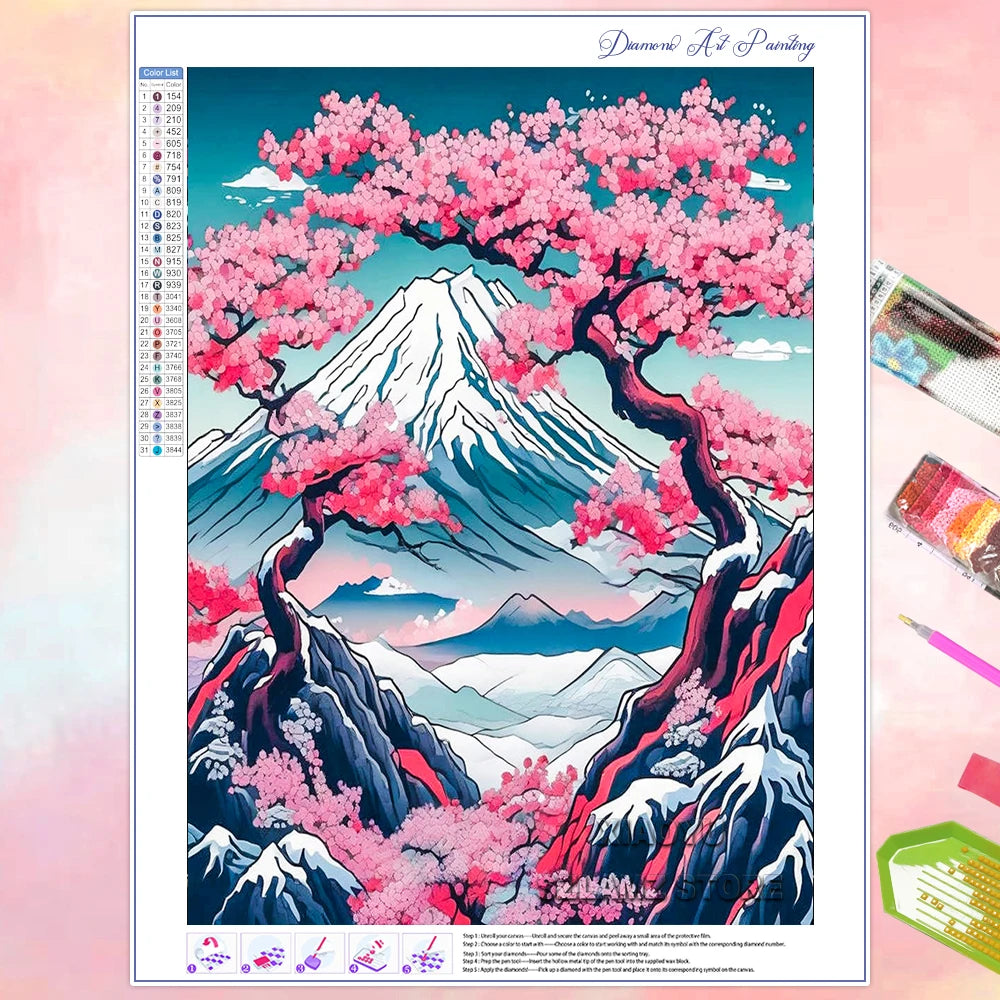 Peintures à diamants fleur de cerisier Fuji Japon