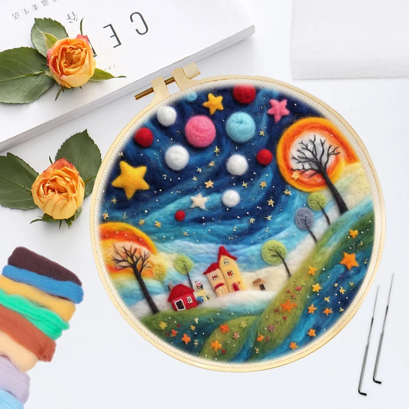 Kits de feutrage de laine à motif de paysage de ciel étoilé avec cadre de broderie