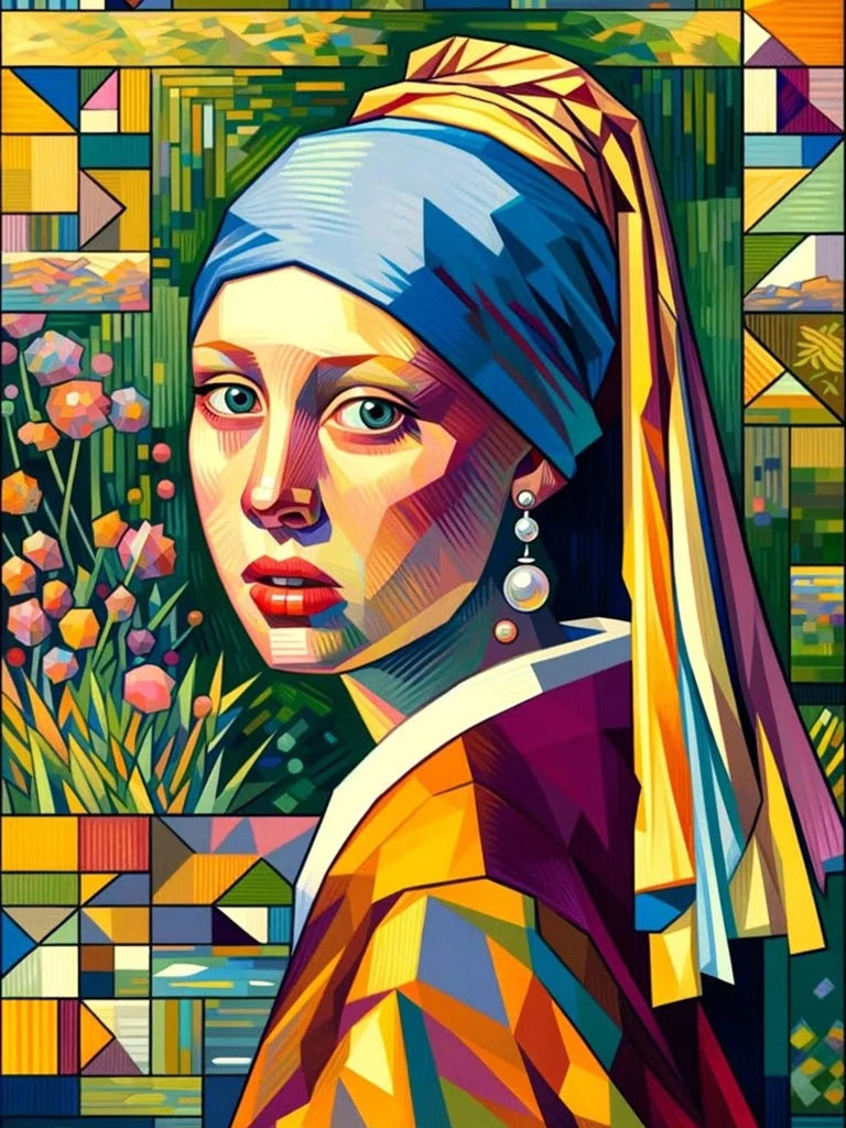 Ensemble de peinture à diamants ronds Jeune Fille à la perle en mosaïque