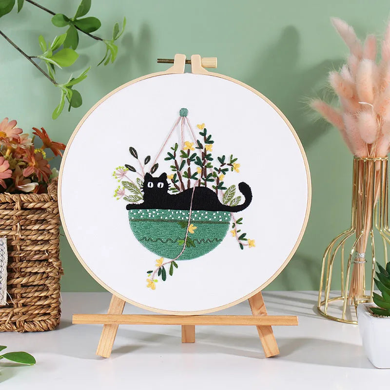 Cat and Plants Embroidery Kits for Beginners