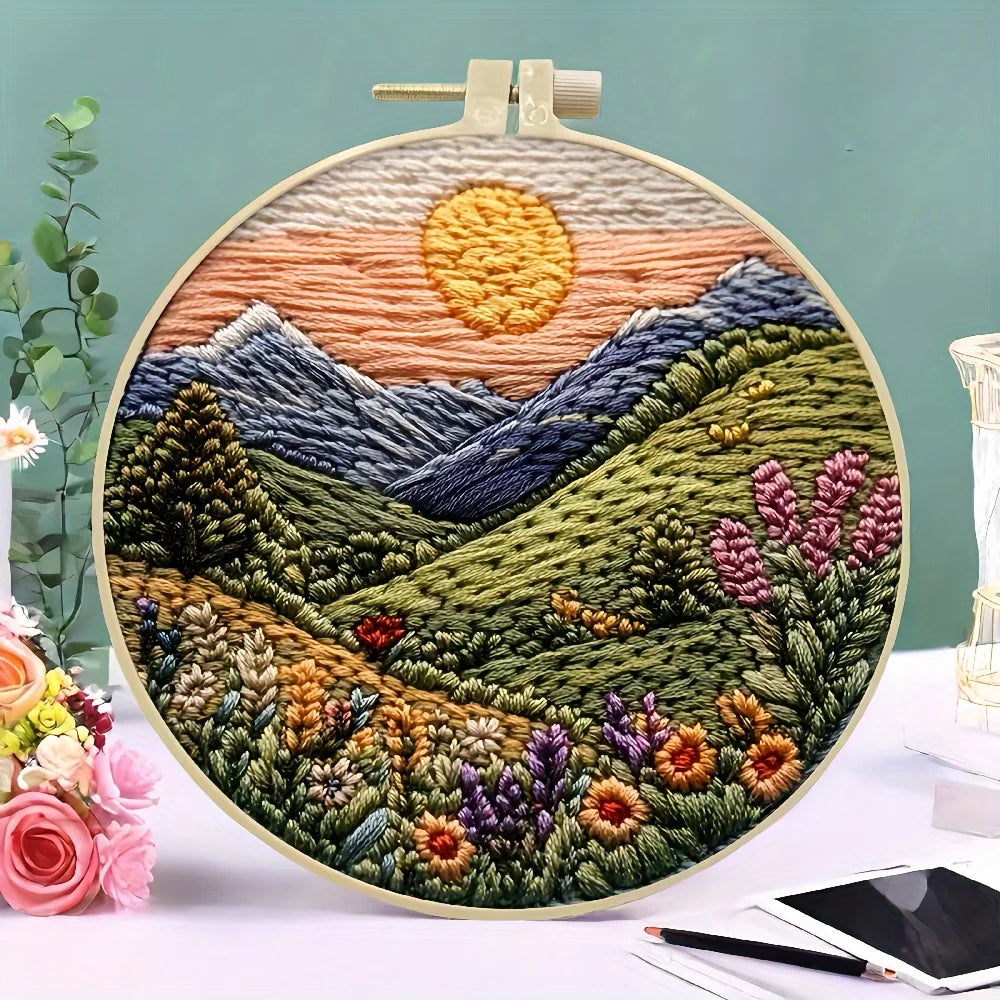 Hand Embroidery Kits for Beginners, Mountain and Moon Landscape