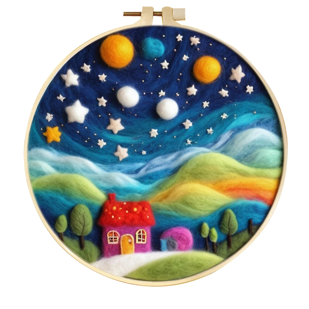 Kits de feutrage de laine à motif de paysage de ciel étoilé avec cadre de broderie