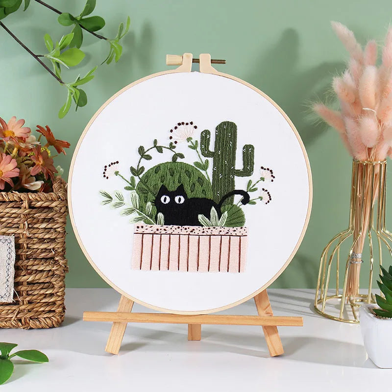 Cat and Plants Embroidery Kits for Beginners