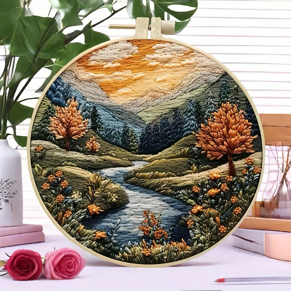 Hand Embroidery Kits for Beginners, Mountain and Moon Landscape