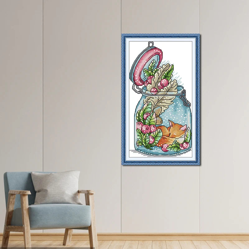 Ensemble de Broderie de Point de Croix ou point compté Renard dans une Bouteille Toile Imprimée ou vierge Aida 16CT 14CT 11CT