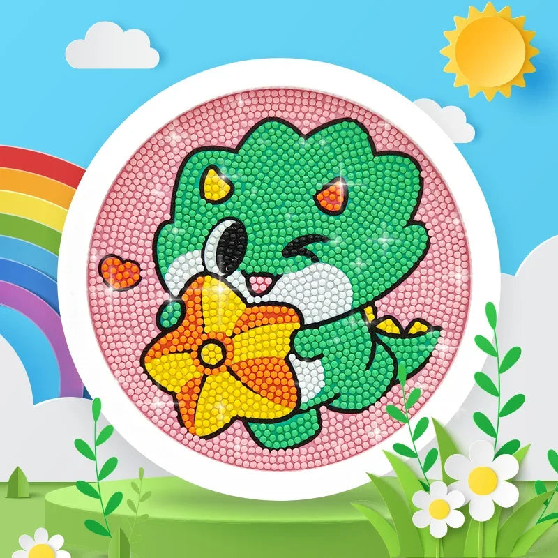 Peinture à diamants avec cadre rond pour enfant Dinosaure chien hérisson