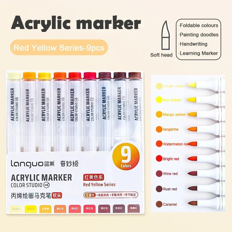 Boites de 9 Marqueurs à l'acrylique Languo Différentes nuances disponibles