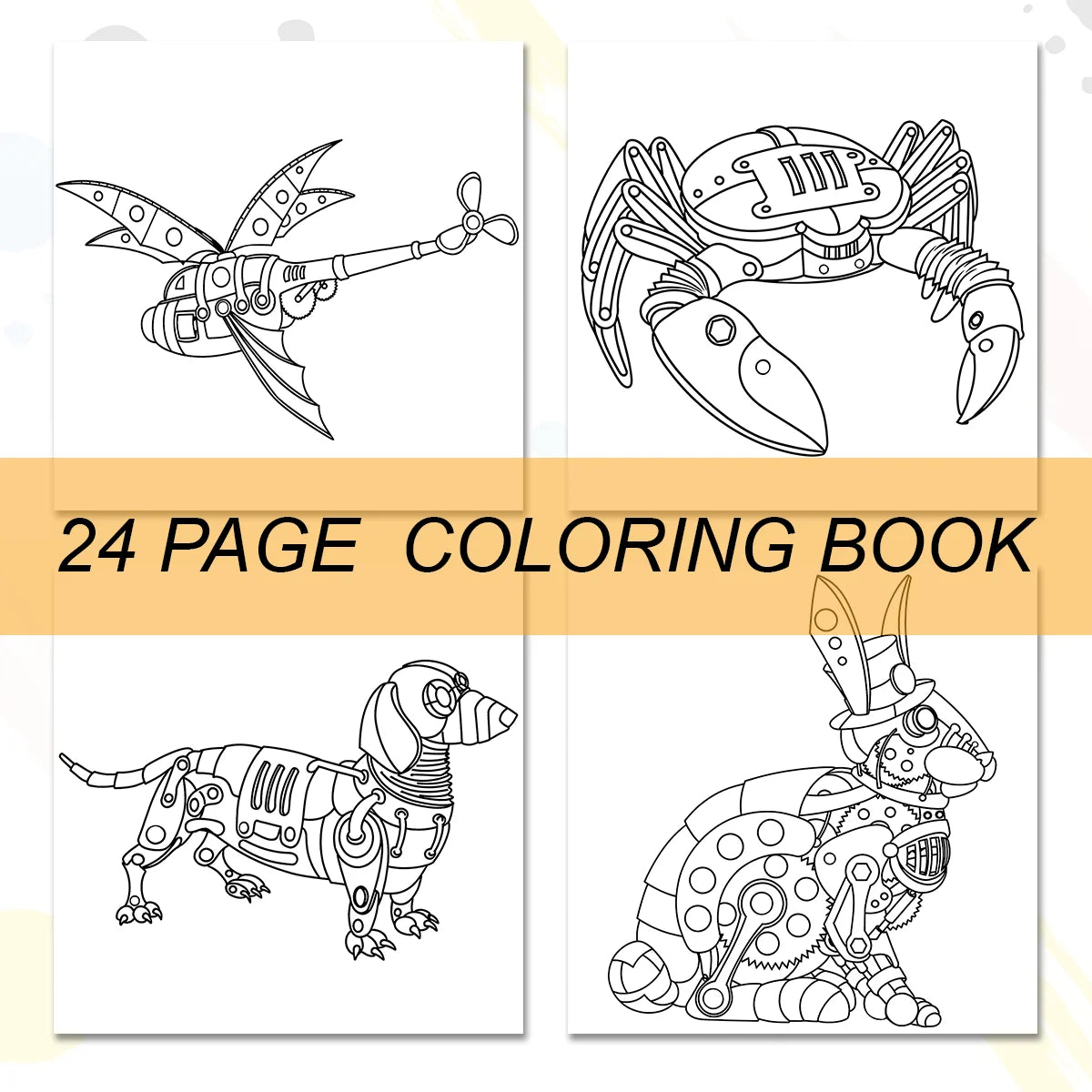 Livre de coloriage animaux mécaniques pour adultes et adolescents, 24 pages, soulage le stress