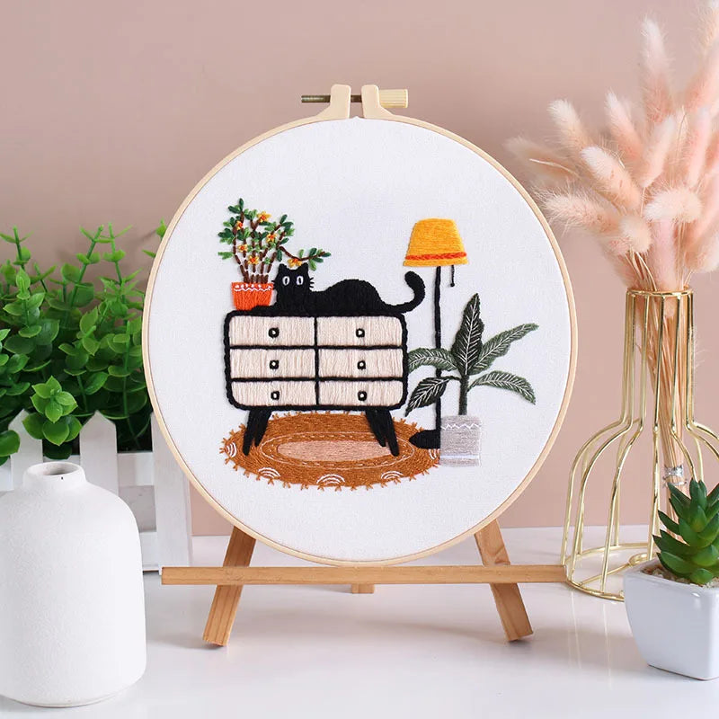 Cat and Plants Embroidery Kits for Beginners