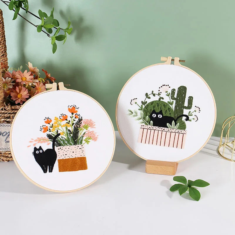 Cat and Plants Embroidery Kits for Beginners