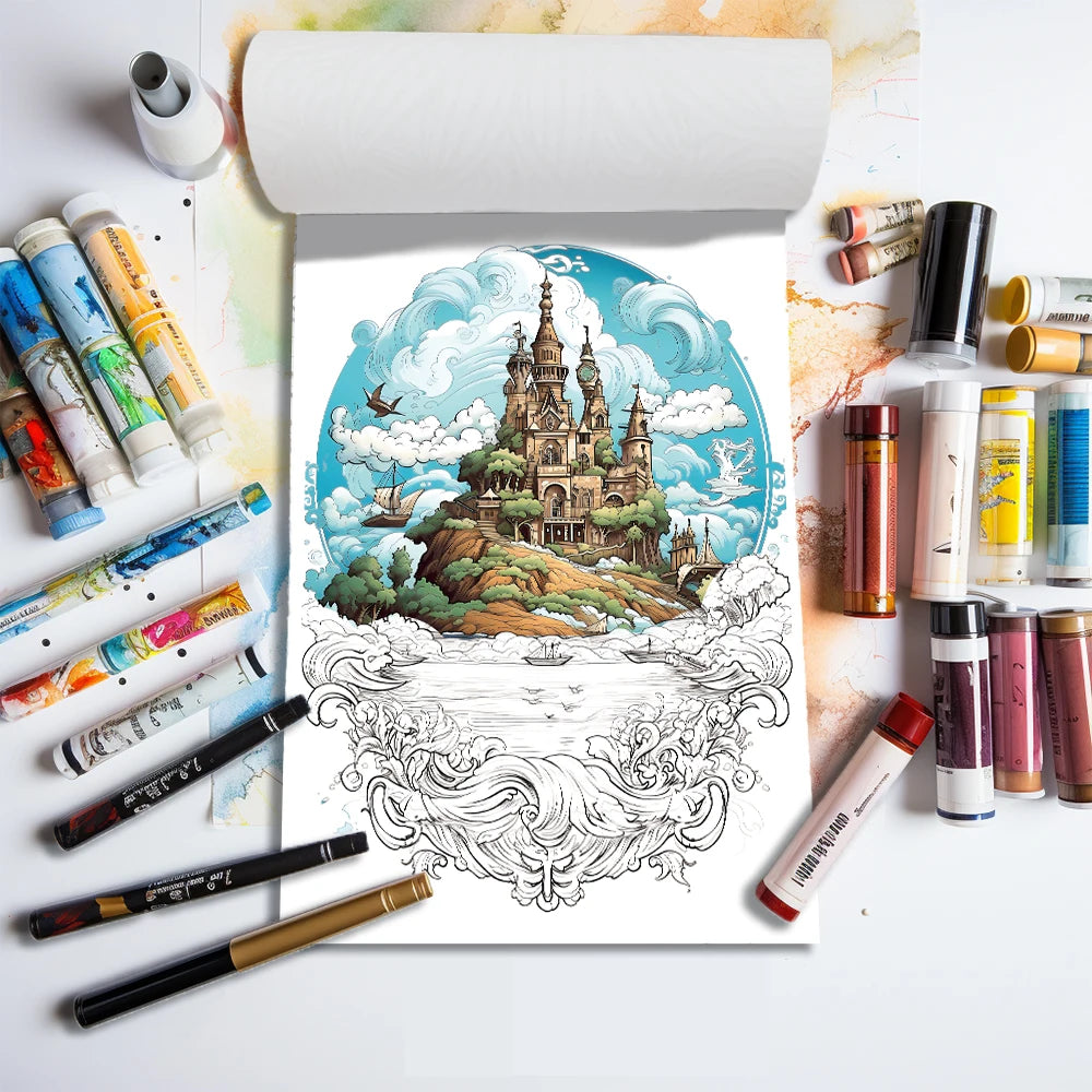 A4 Coloring Book for Teens and Adults Fantasy Islands 25 Different Designs, 100gsm Thick Anti-Stress Paper
