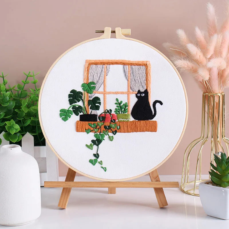 Cat and Plants Embroidery Kits for Beginners