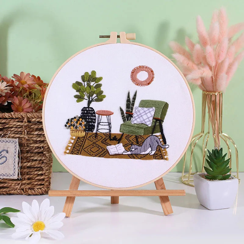 Cat and Plants Embroidery Kits for Beginners