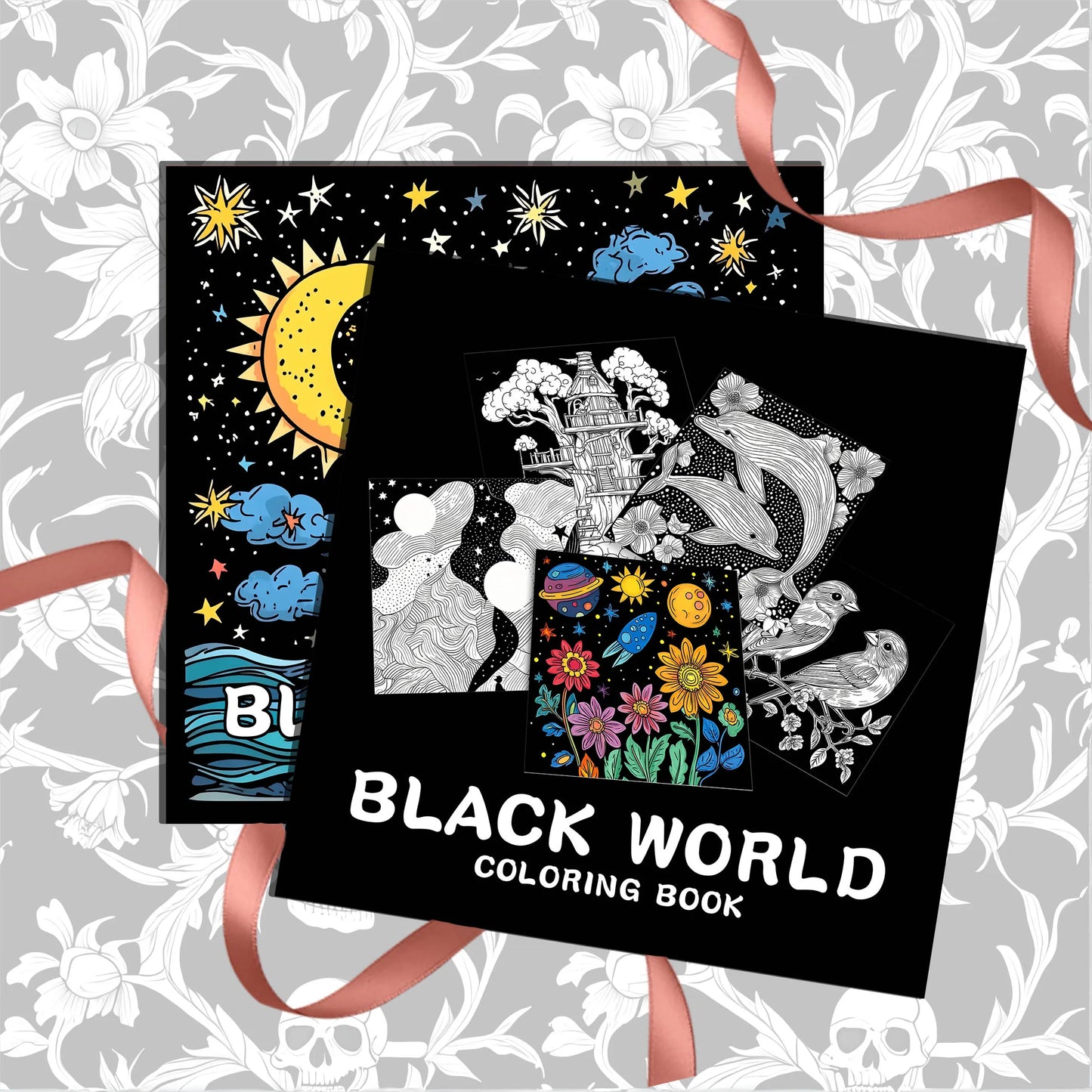 Adult Coloring Book on Black Background, Multi-Element Art for Relaxation