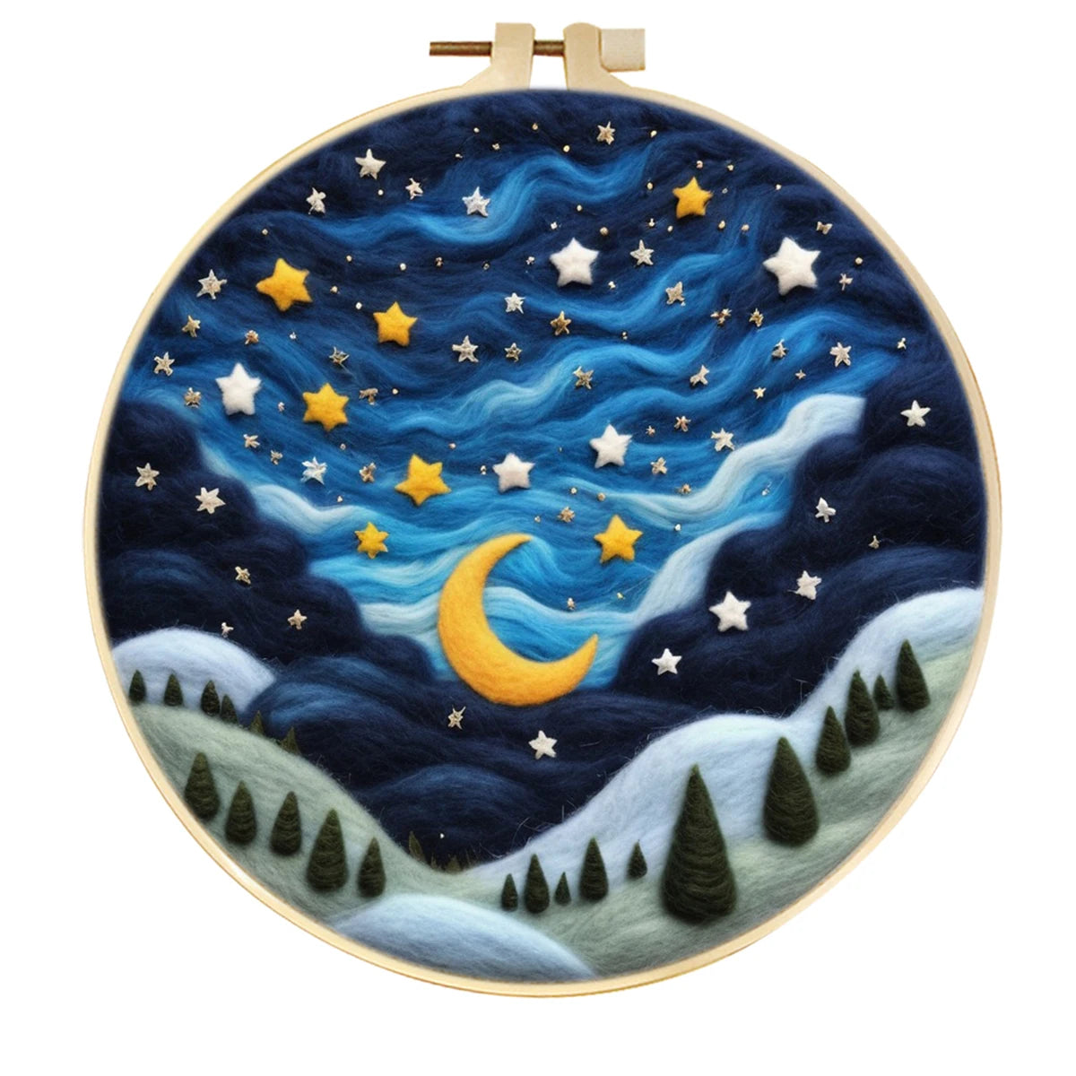 Kits de feutrage de laine à motif de paysage de ciel étoilé avec cadre de broderie