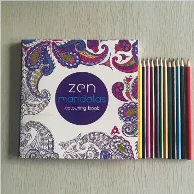 12 Colored Pencils + Coloring Book 128 Pages Zen Mandalas Anti-Stress