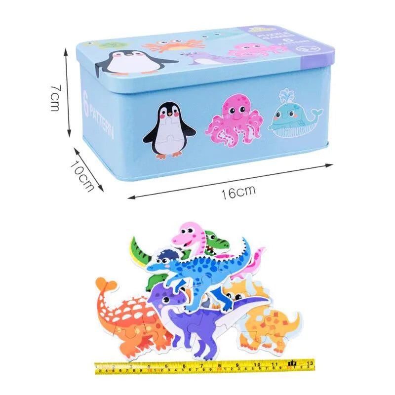 Montessori puzzles in metal box animals, means of transport, dinosaurs, fruits and vegetables