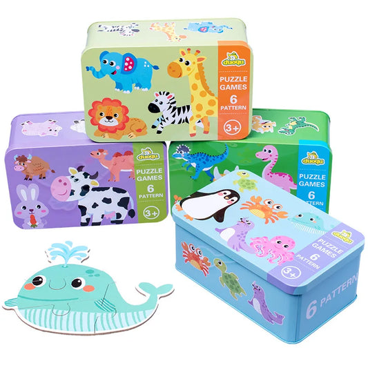 Montessori puzzles in metal box animals, means of transport, dinosaurs, fruits and vegetables