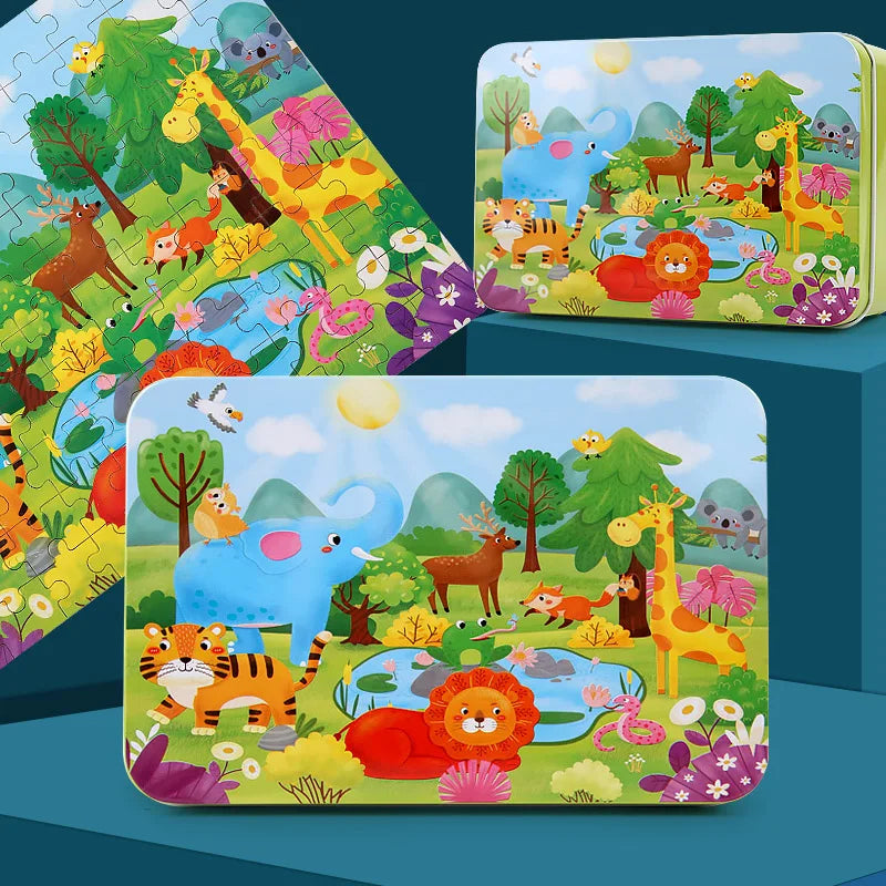 Puzzles pour enfants 100 PCS Cartoon Animal Véhicule pompier Fusée Sirène Cadeau Jeu