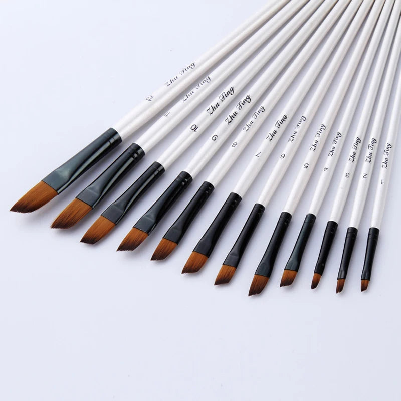 12 Nylon Hair Brushes for Watercolor, Oil and Acrylic Painting