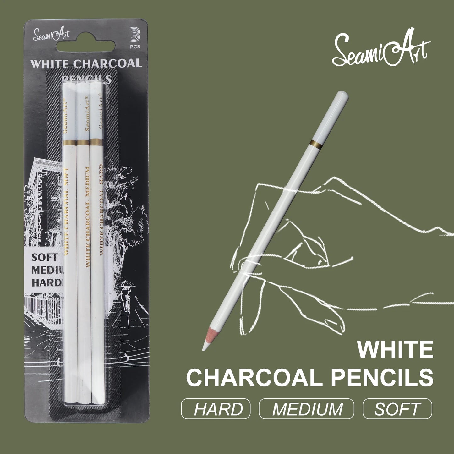 Ensemble de 3 crayons de charbon blanc SeamiArt pour croquis dessin