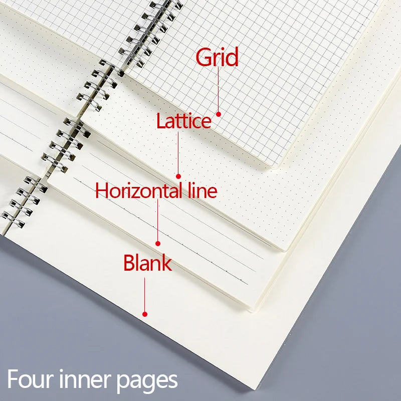 Cahier à spirale et à couverture transparente A5 A6 B5 feuilles lignées ou pointillées ou vierges ou quadrillées