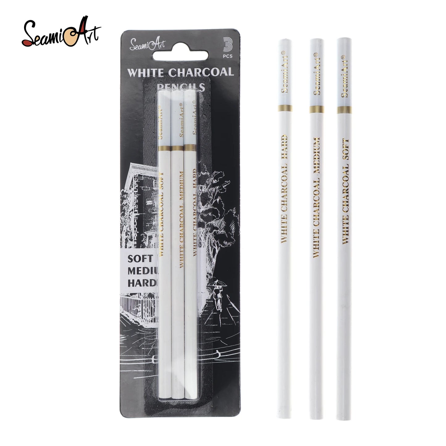 Ensemble de 3 crayons de charbon blanc SeamiArt pour croquis dessin