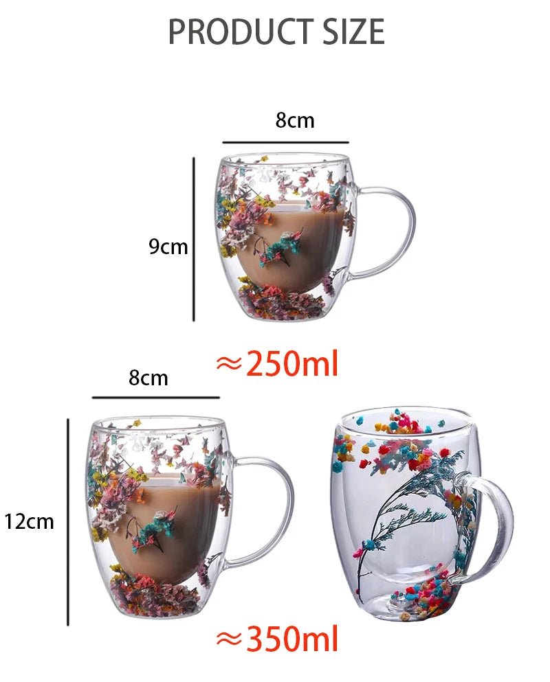 Double wall glass mug with flowers