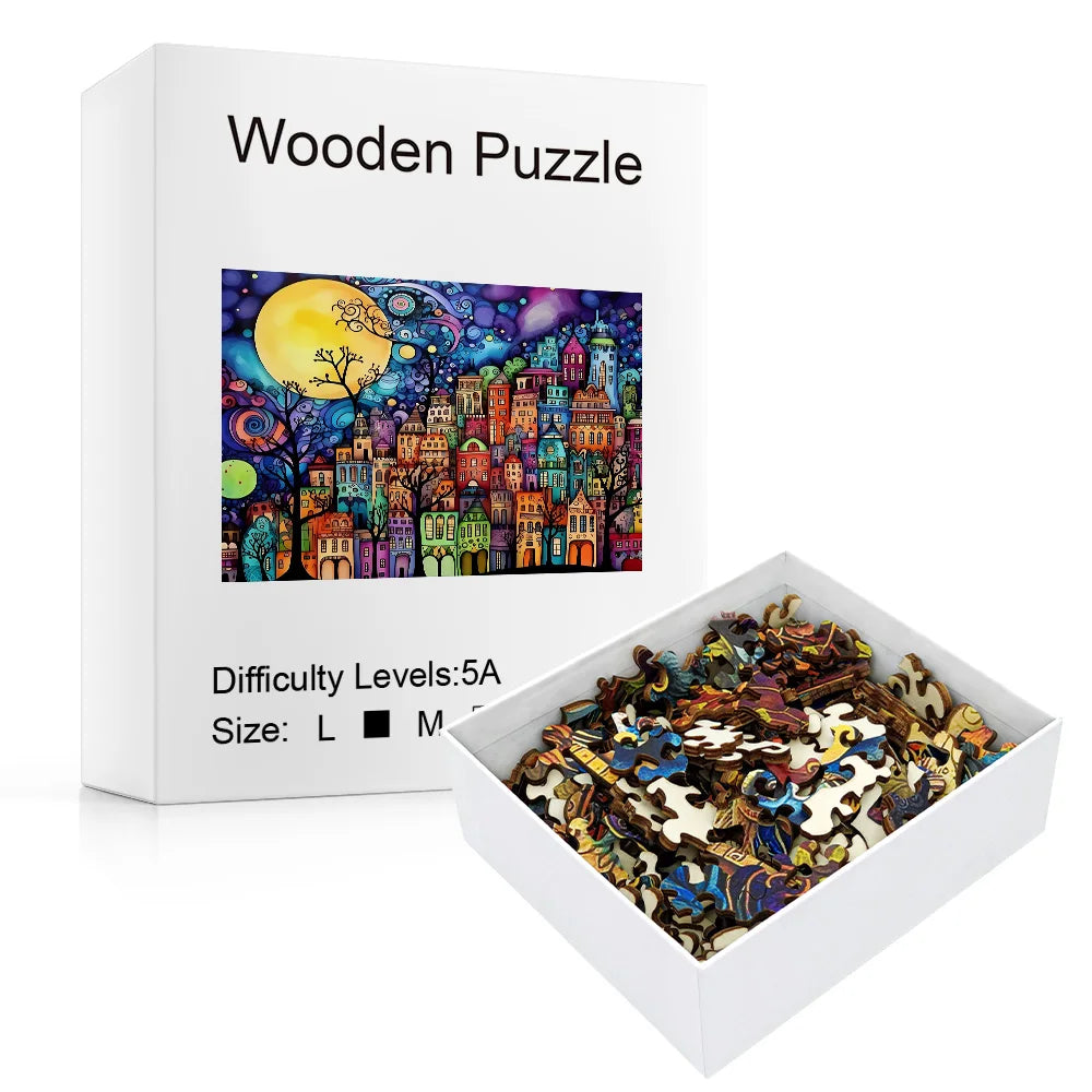 Puzzle en bois pour adulte ville colorée Pièces uniques aux formes irrégulières et en forme d'animaux