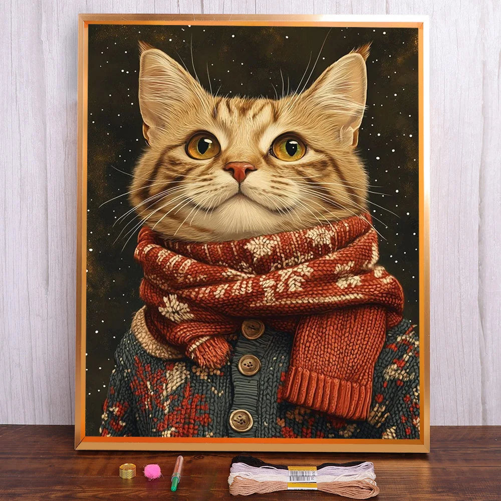 Kit de broderie point de croix Toile imprimée 11Ct 14CT Chat avec écharpe