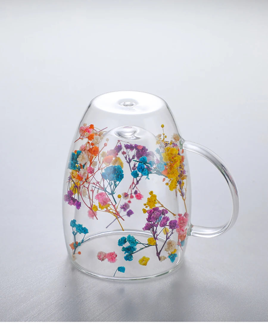 Double wall glass mug with flowers