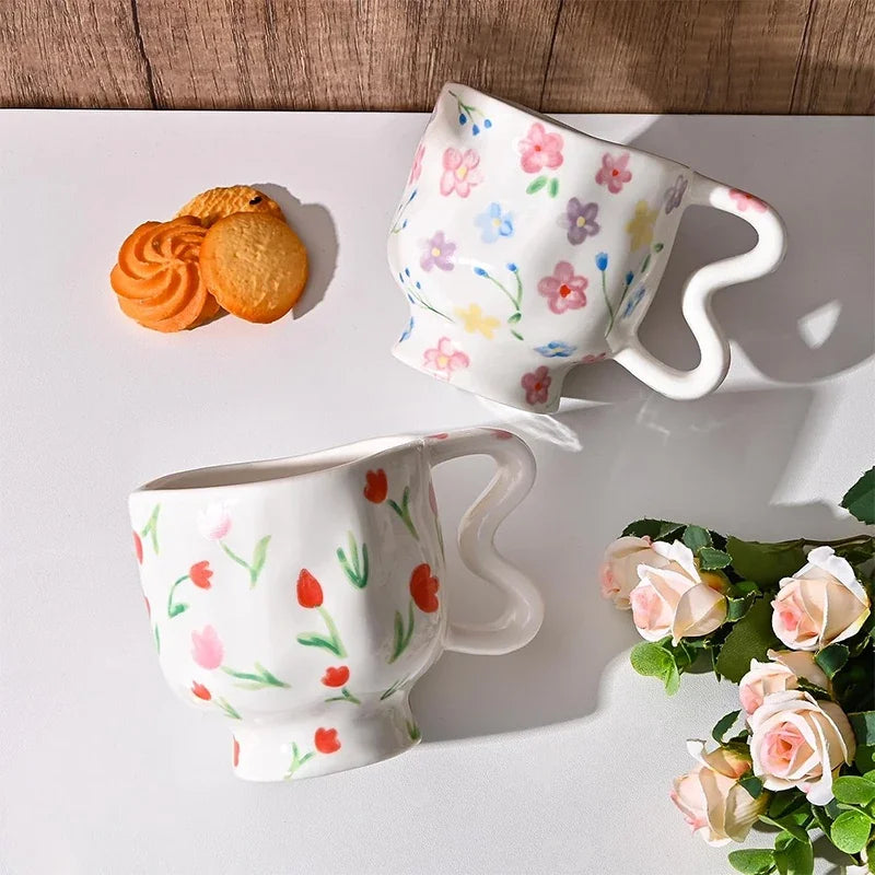 Taza de cerámica pintada a mano estilo coreano con tulipanes