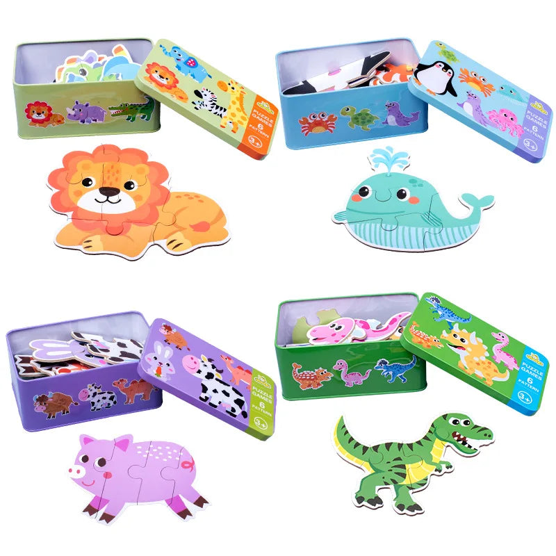 Montessori puzzles in metal box animals, means of transport, dinosaurs, fruits and vegetables