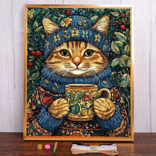 Ensemble de broderie points de croix Toile imprimée chat roux et son café11CT 14CT