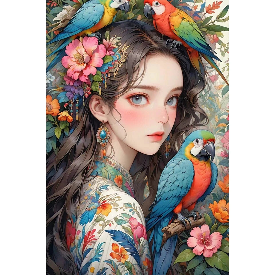 5D Diy Diamond Painting Mosaic Girl with Parrot Parrot