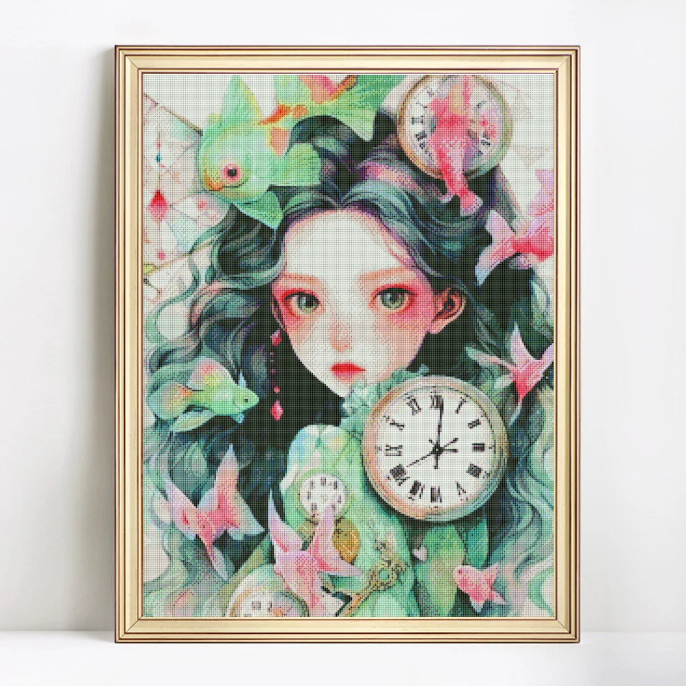 Kits de punto de cruz bordado impresiones anime chica con reloj
