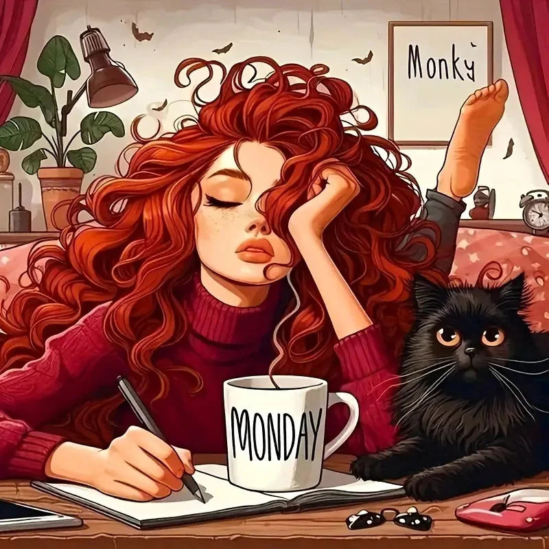 Peinture à diamants Femme Rousse et son chat noir