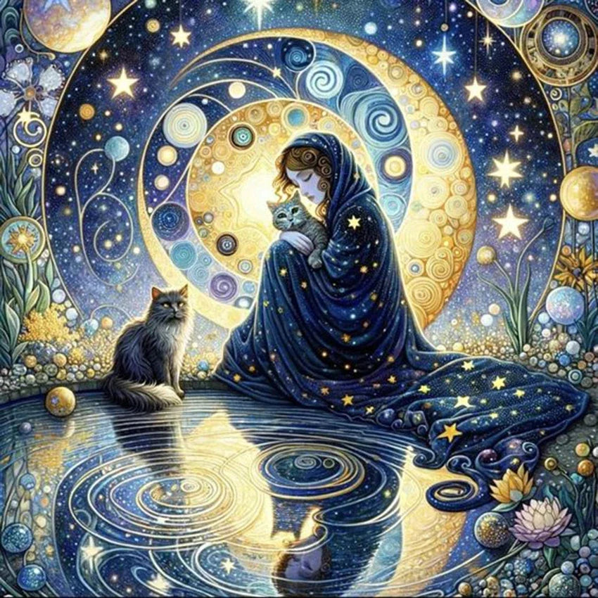 Peintures à Diamants Femme bleue Chat