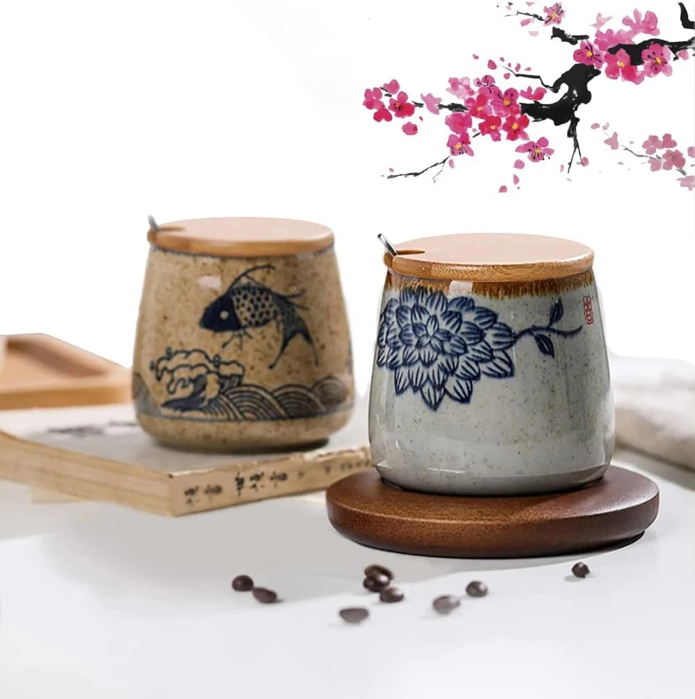 Tasse de style japonais rétro de 380ml avec ou sans couvercle et cuillère