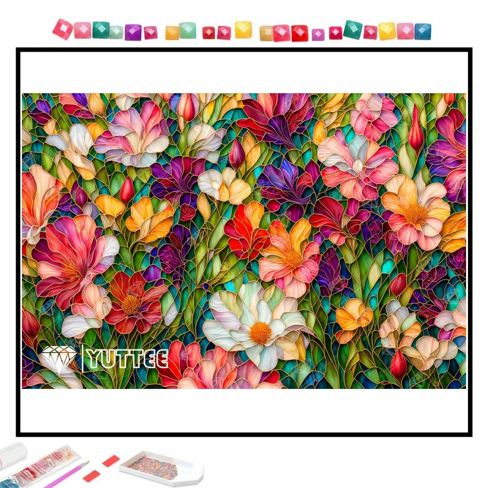 Pintura de diamante 5D con flores de vitral