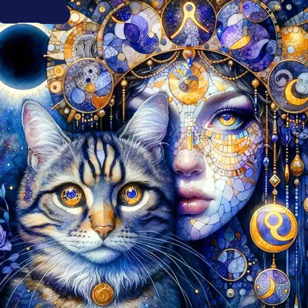 Peinture à diamants Femme bleue et son chat