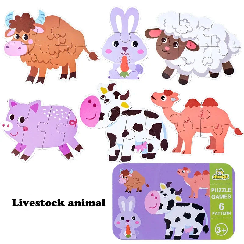 Montessori puzzles in metal box animals, means of transport, dinosaurs, fruits and vegetables