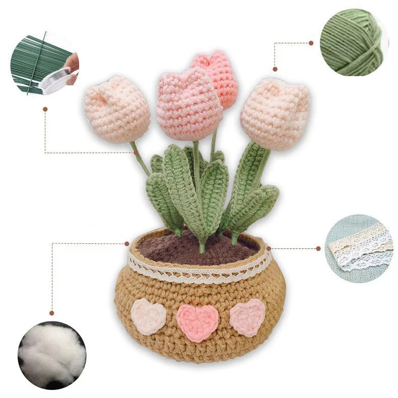 DIY Crochet Kit for Beginners Flowers: Tulip Daisy Sunflower Rose