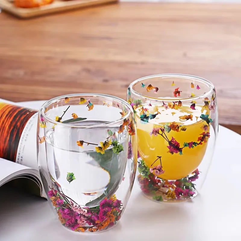 Double wall glass mug with flowers